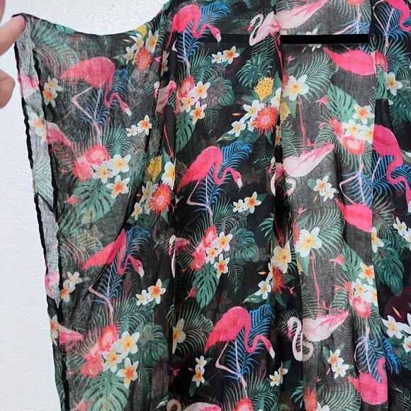 Women Sheer Flamingo Print Kimono Wrap Cover Up OS Open Front Summer Resortwear - Picture 3 of 10
